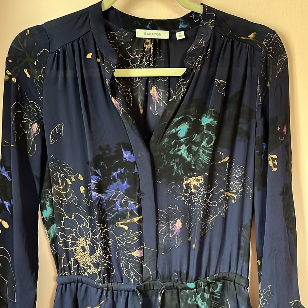 ARITIZIA BABATON 100% Silk Navy Floral Mini Shirtdress XS